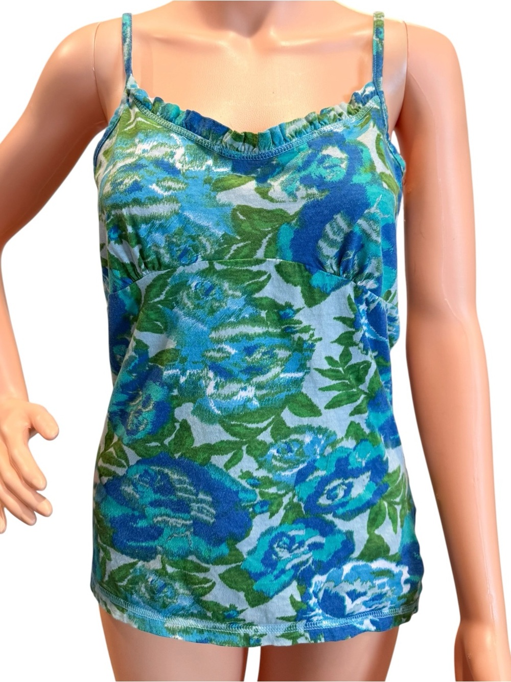 lei Y2K Tank Top Blue Green Floral Spaghetti Strap Camisole 2010 Extra Large